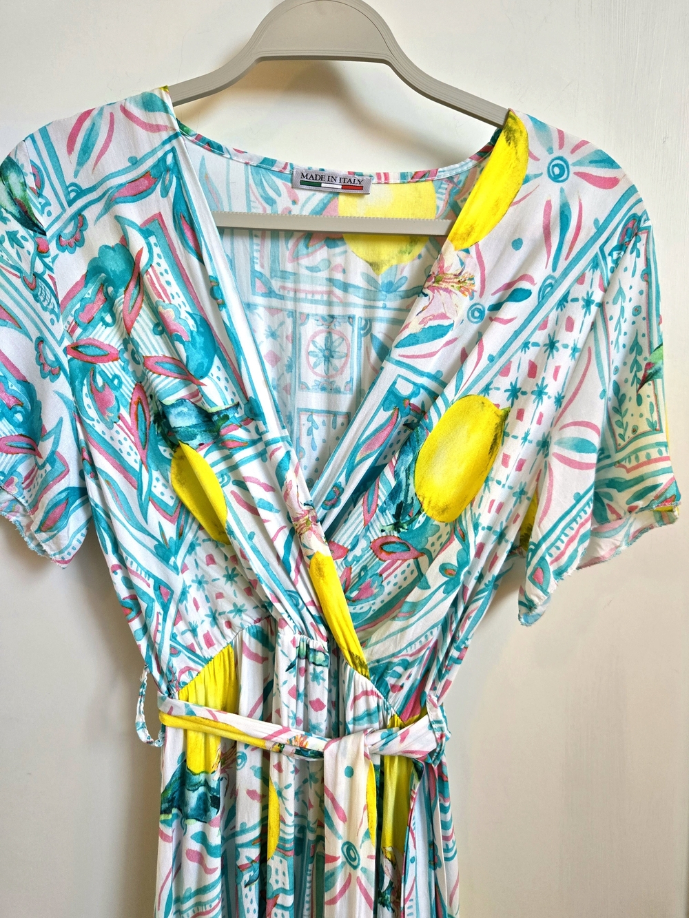 Lemon Print Wrap Midi Dress Amalfi Coast Tile Faux Wrap Made in Italy - Picture 4 of 7